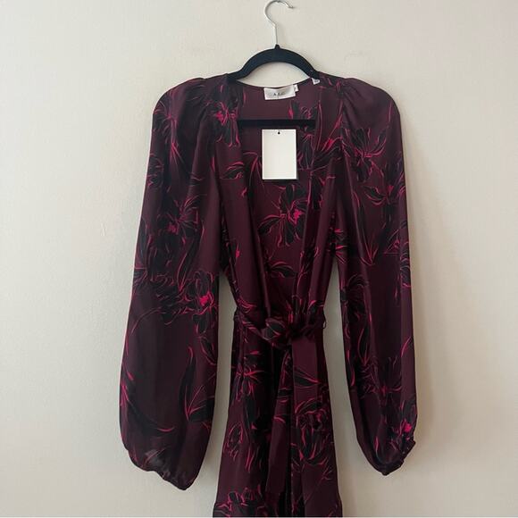 A.L.C. Embry Wrap Silk Mini Dress in Bordeaux & Black - Picture 5 of 12